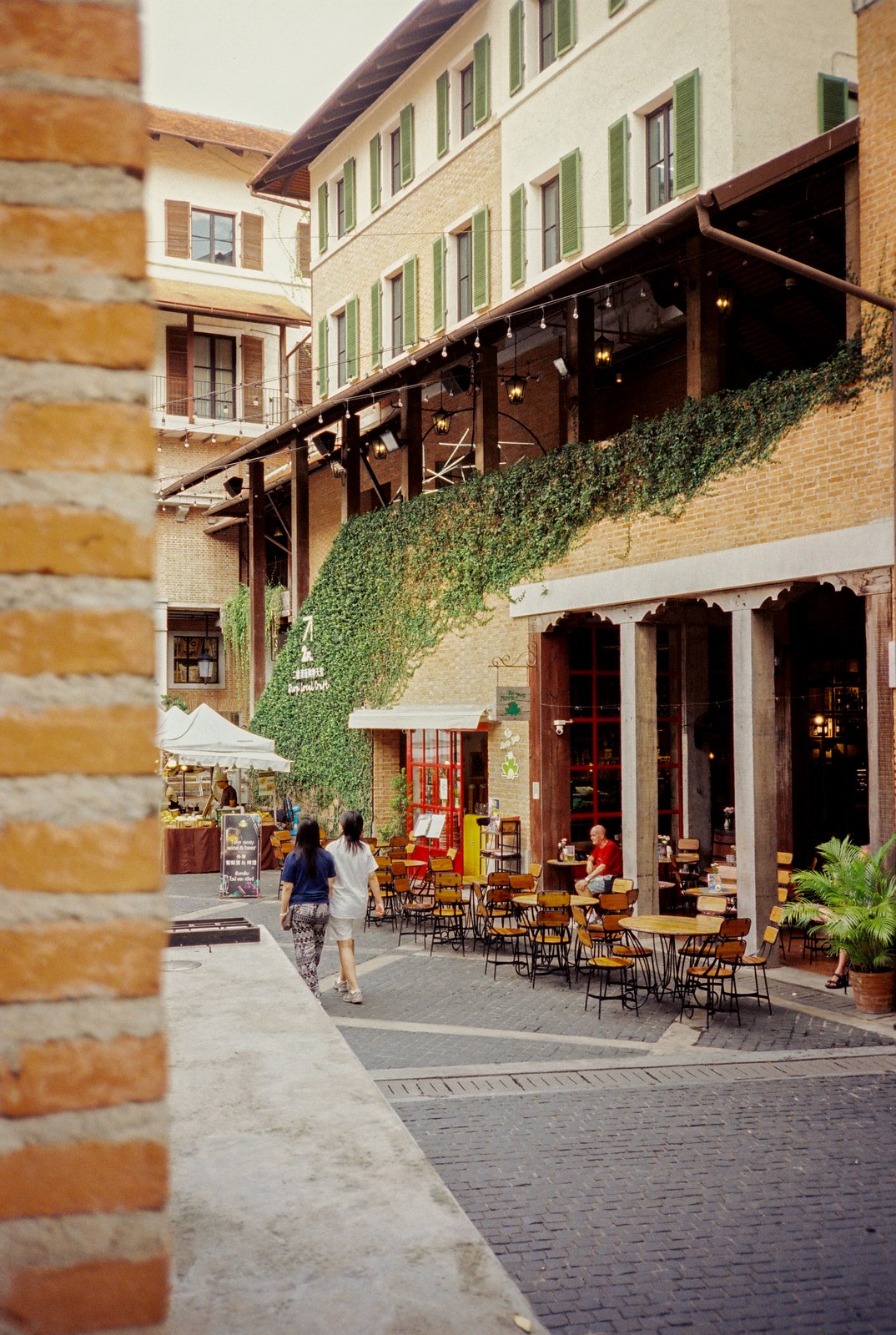 A cafe street hung with ivy